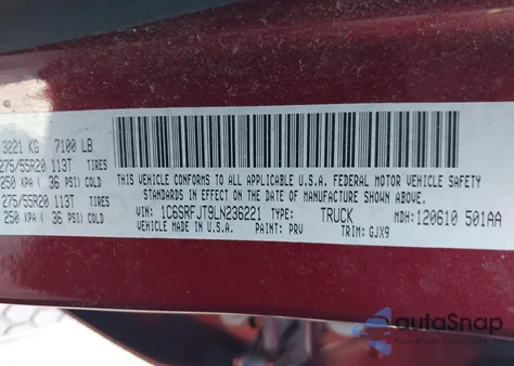 2020 Ram 1500 Laramie 4X4 5'7 Box z USA, uszkodzony, nr VIN 1C6SRFJT9LN236221